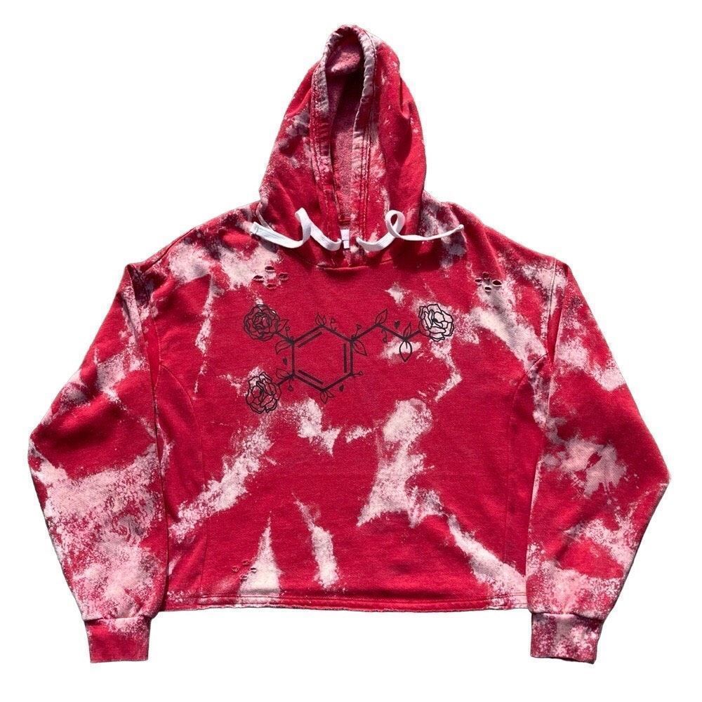 CUSTOM Reverse Bleach Tie Dye Red Cropped Hoodie Floral Rose Dopamine Graphic L